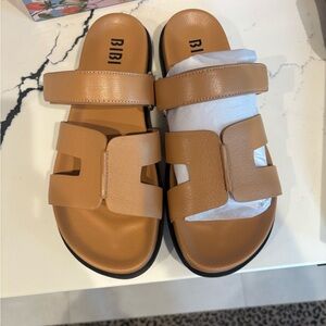 BiBi Tan Two-Strap Slide Sandals